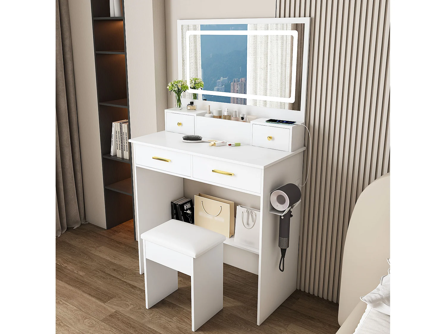 Toletta con specchio LED, sgabello, presa elettrica e 4 cassetti - Bianco