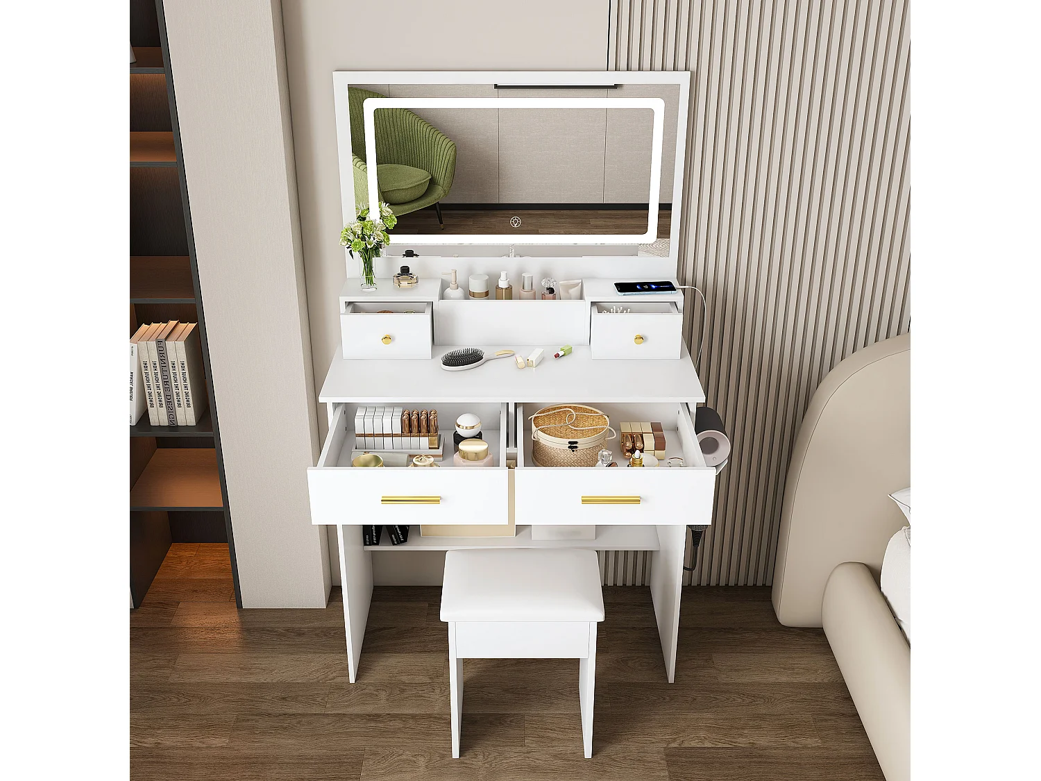 Toletta con specchio LED, sgabello, presa elettrica e 4 cassetti - Bianco