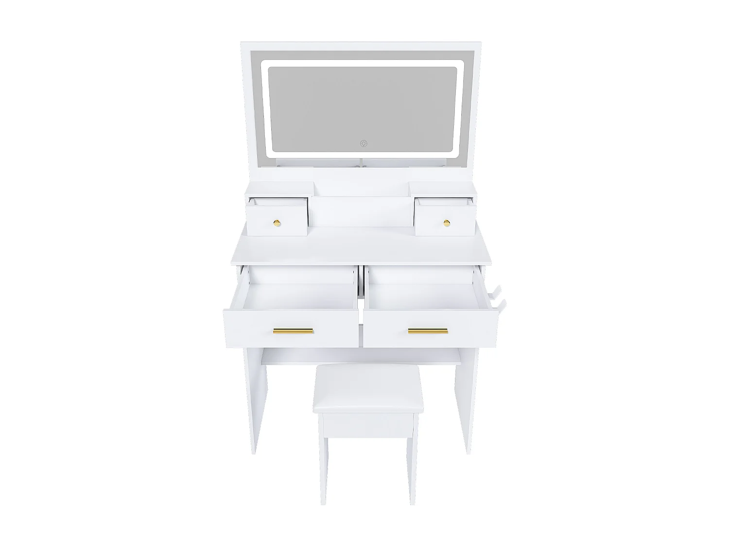 Toletta con specchio LED, sgabello, presa elettrica e 4 cassetti - Bianco