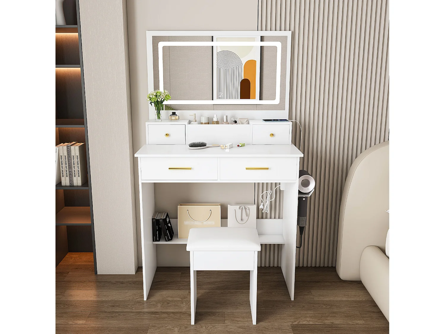 Toletta con specchio LED, sgabello, presa elettrica e 4 cassetti - Bianco