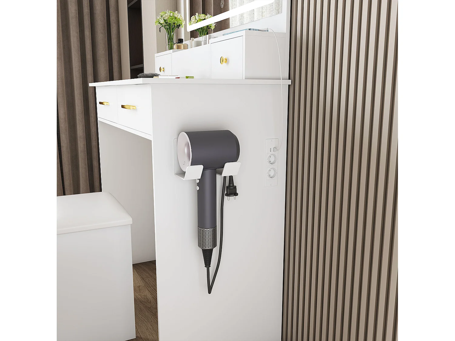 Toletta con specchio LED, sgabello, presa elettrica e 4 cassetti - Bianco