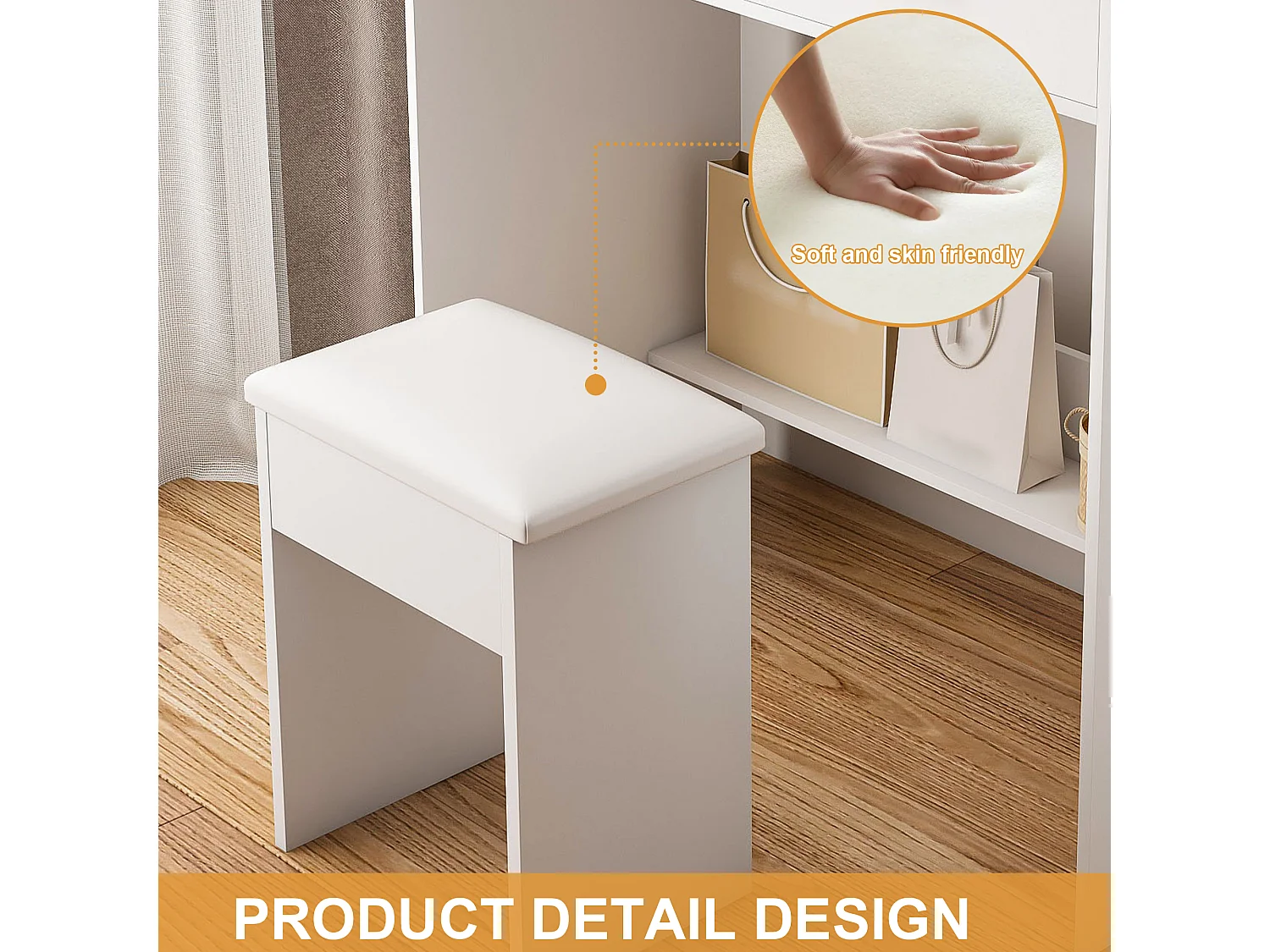 Toletta con specchio LED, sgabello, presa elettrica e 4 cassetti - Bianco