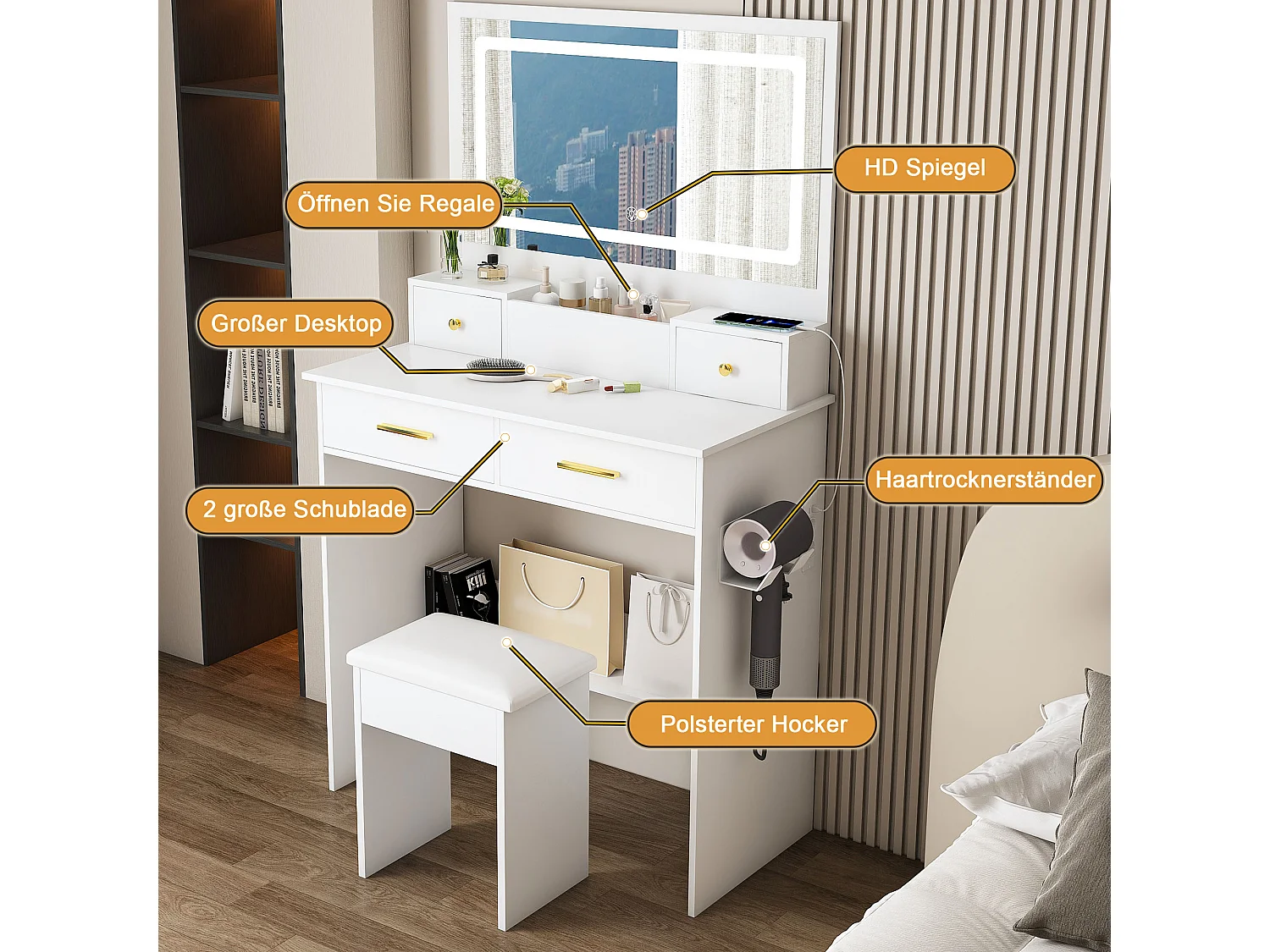 Toletta con specchio LED, sgabello, presa elettrica e 4 cassetti - Bianco