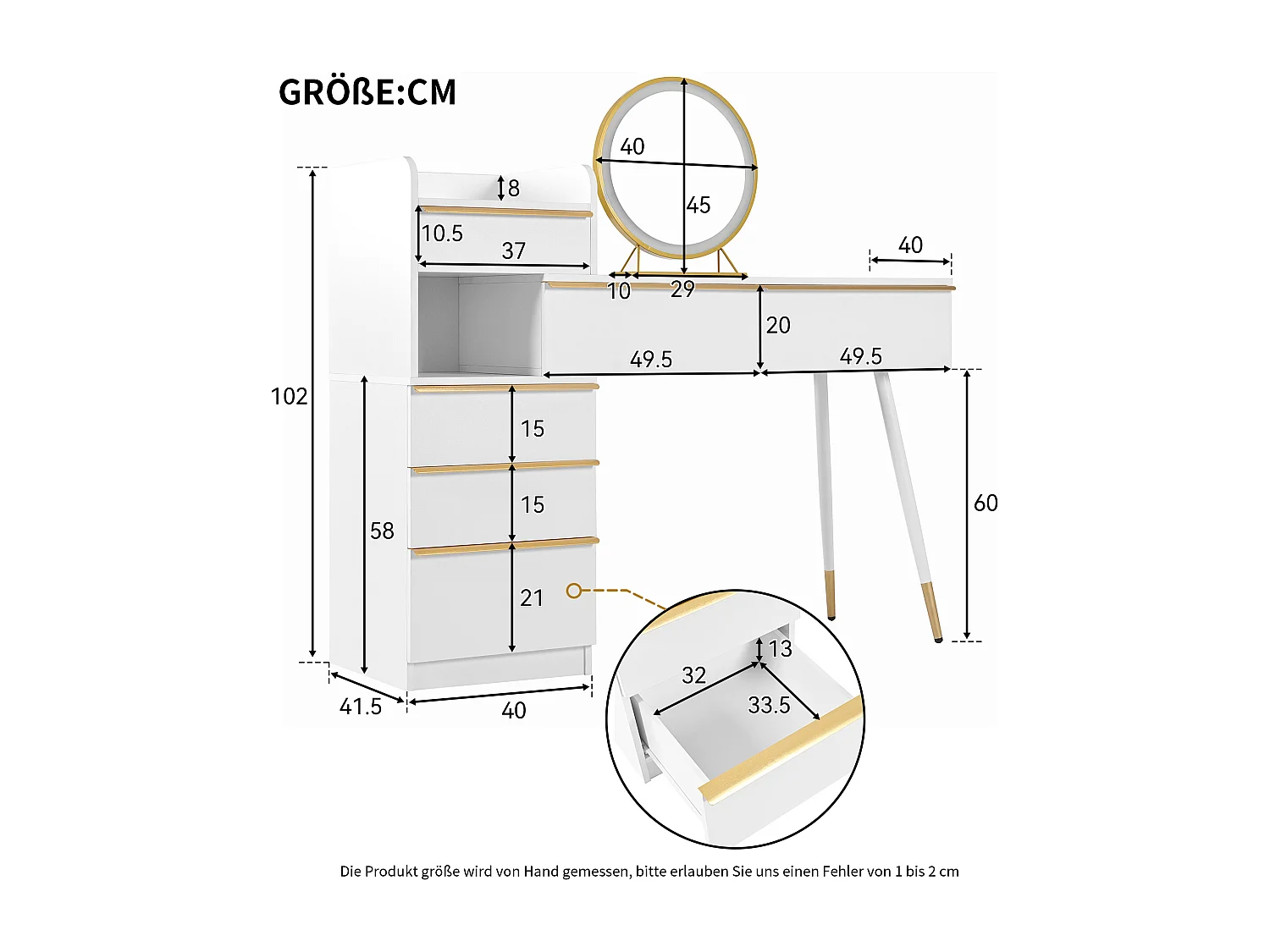 Kaptafel met 6 lades, LED-spiegel en gouden handgrepen - Wit 100x41,5x102 cm