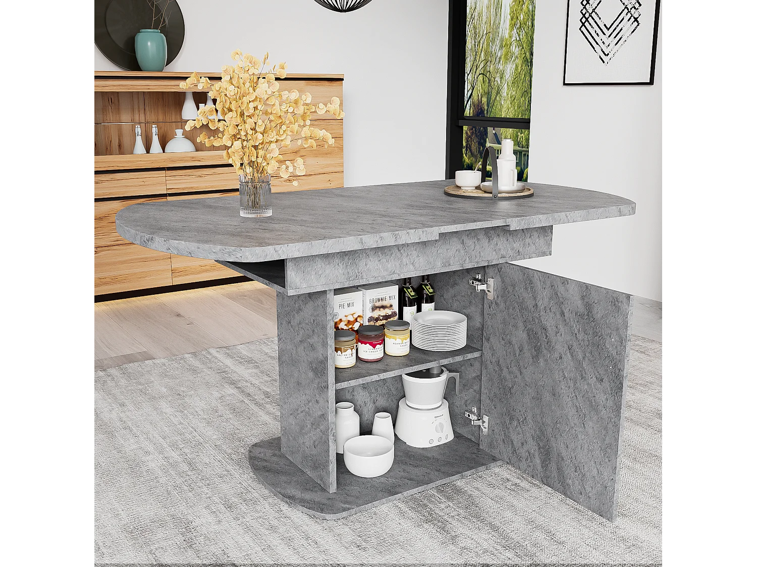 Table à manger extensible ovale 110(130)x70cm avec rangement -Aspect effet béton - Gris