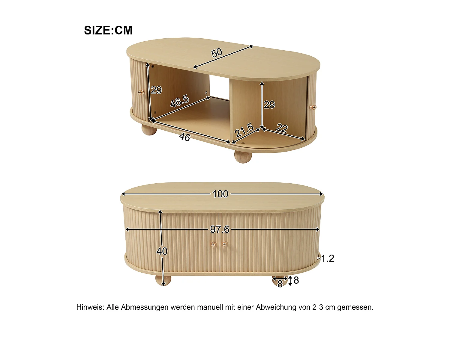 Tavolino ovale con contenitore e ante scorrevoli - Colore legno