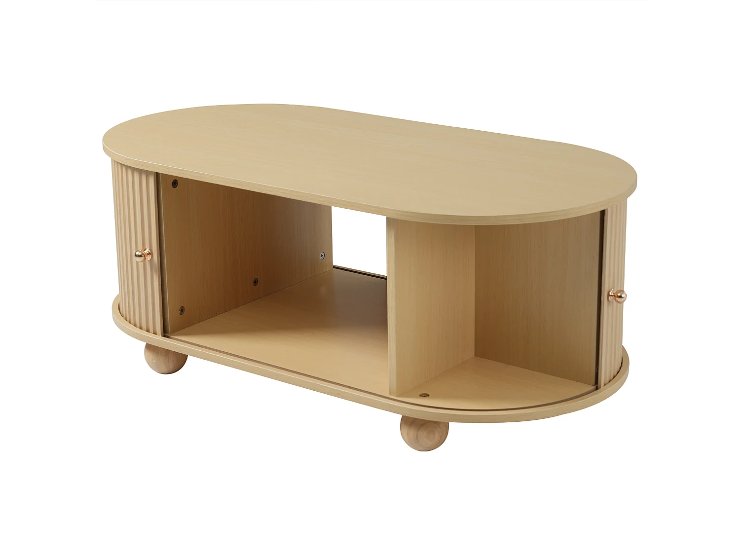 Tavolino ovale con contenitore e ante scorrevoli - Colore legno