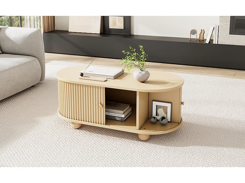 Tavolino ovale con contenitore e ante scorrevoli - Colore legno