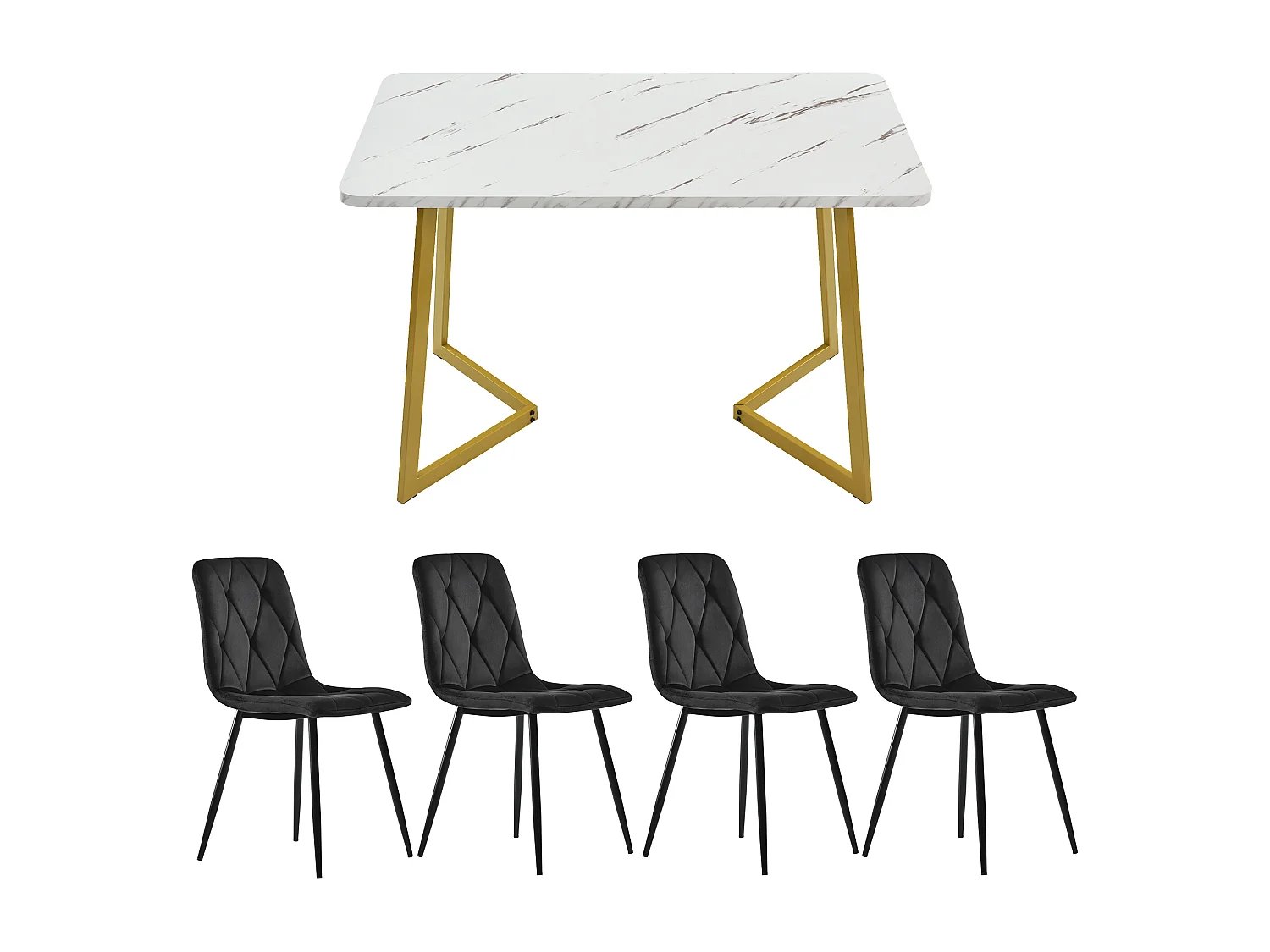 Ensemble table + 4 chaise en velours noir - Pieds en métal - Blan'c