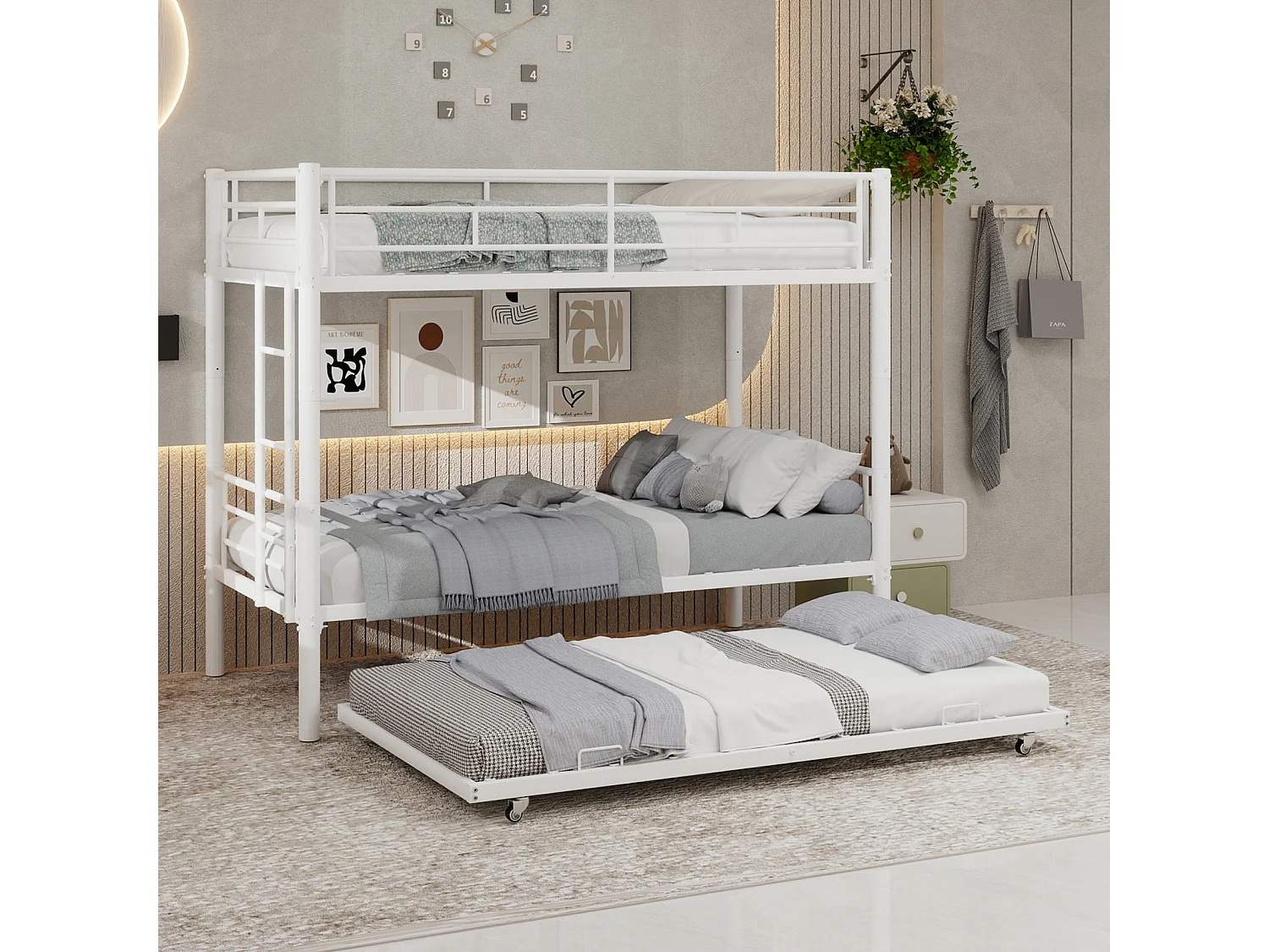 Stapelbed 90x190 cm met uitschuifbed 90x190 cm - Metalen kinderbed - Wit