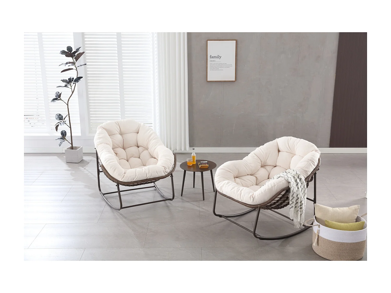 Rotan schommelstoel met dik kussen - Wit