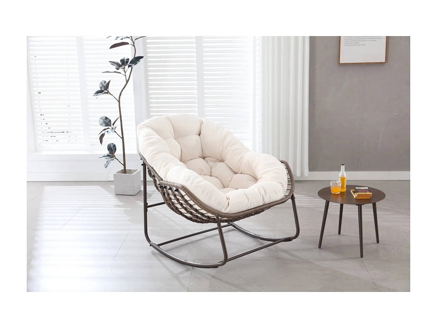 Rotan schommelstoel met dik kussen - Wit