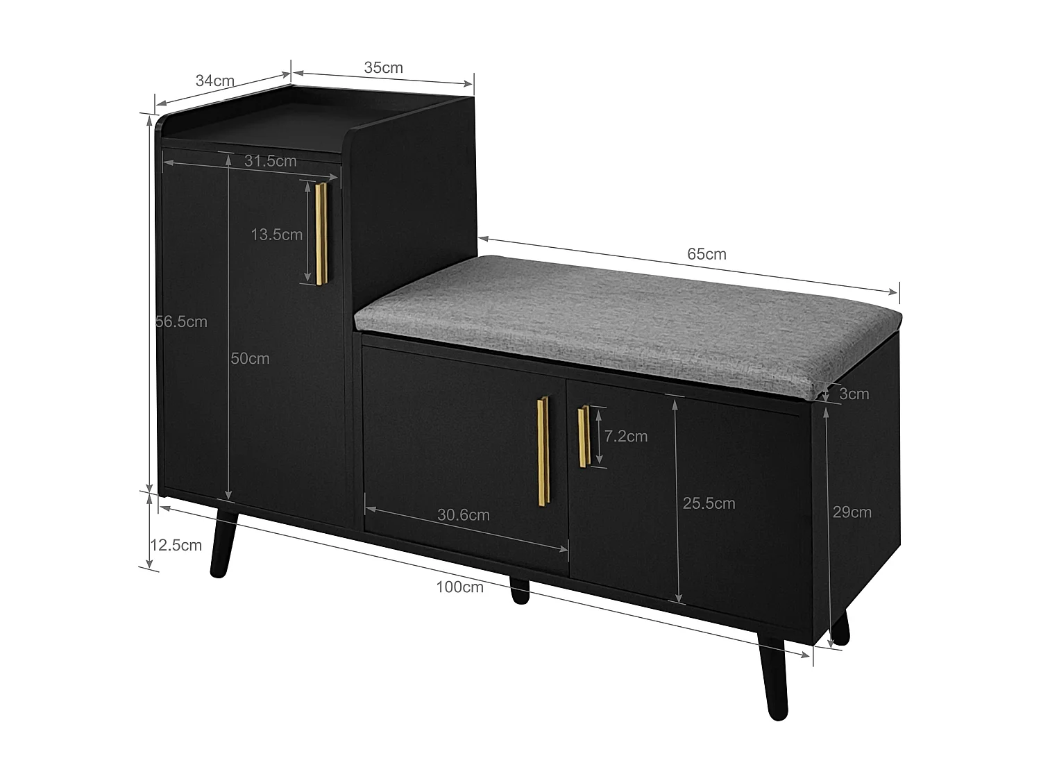 Meuble chaussures avec 3 portes et banc - Bois en PB- Noir