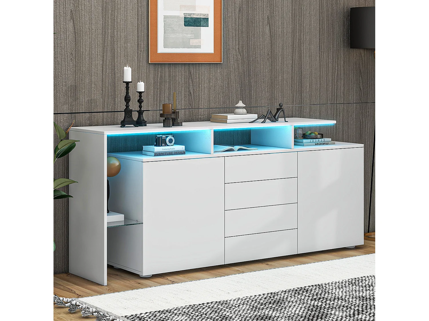 Buffet blanc laqué avec LED, 4 tiroirs et 2 portes - Bois en PB et verre