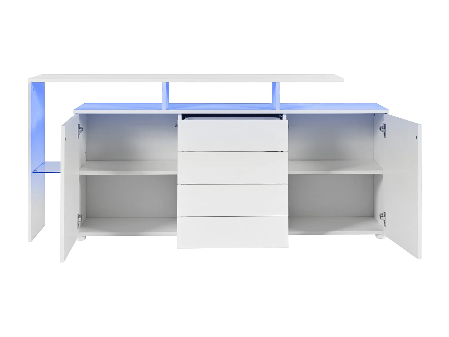 Buffet blanc laqué avec LED, 4 tiroirs et 2 portes - Bois en PB et verre
