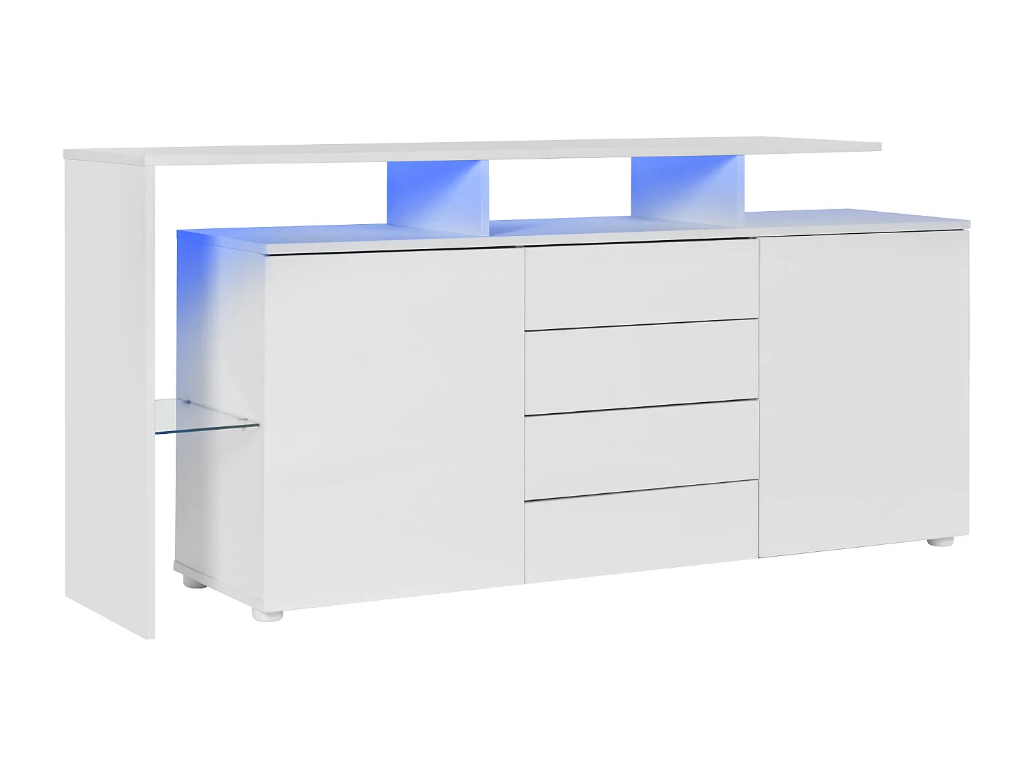 Buffet blanc laqué avec LED, 4 tiroirs et 2 portes - Bois en PB et verre