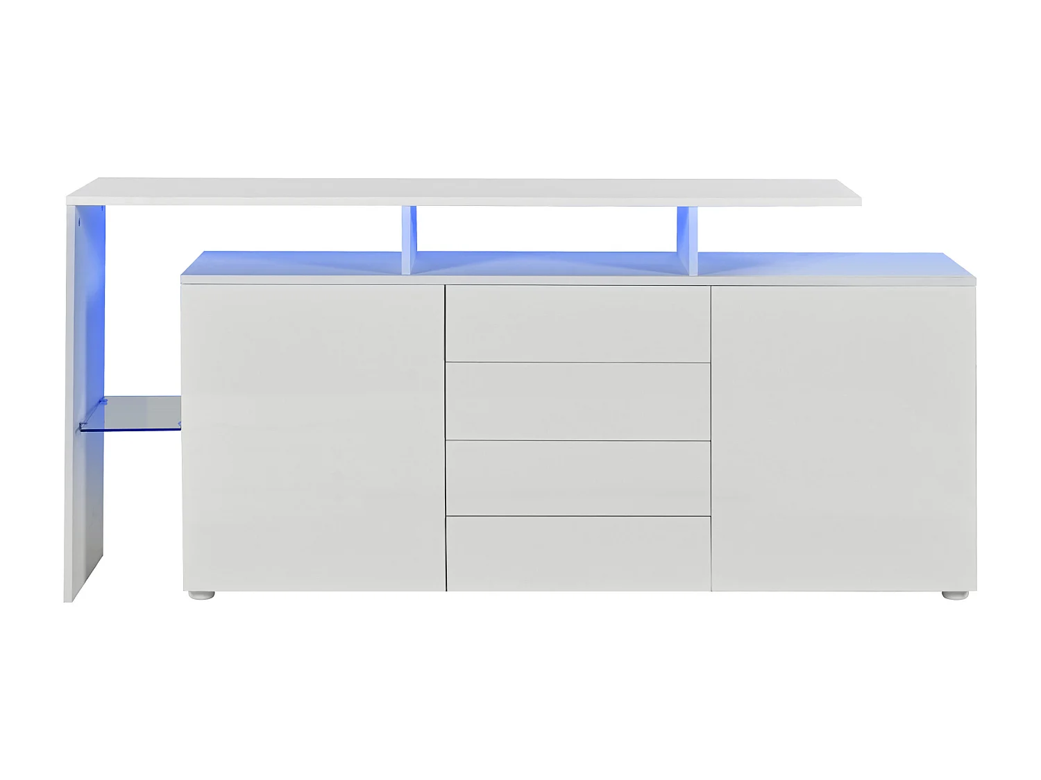 Buffet blanc laqué avec LED, 4 tiroirs et 2 portes - Bois en PB et verre