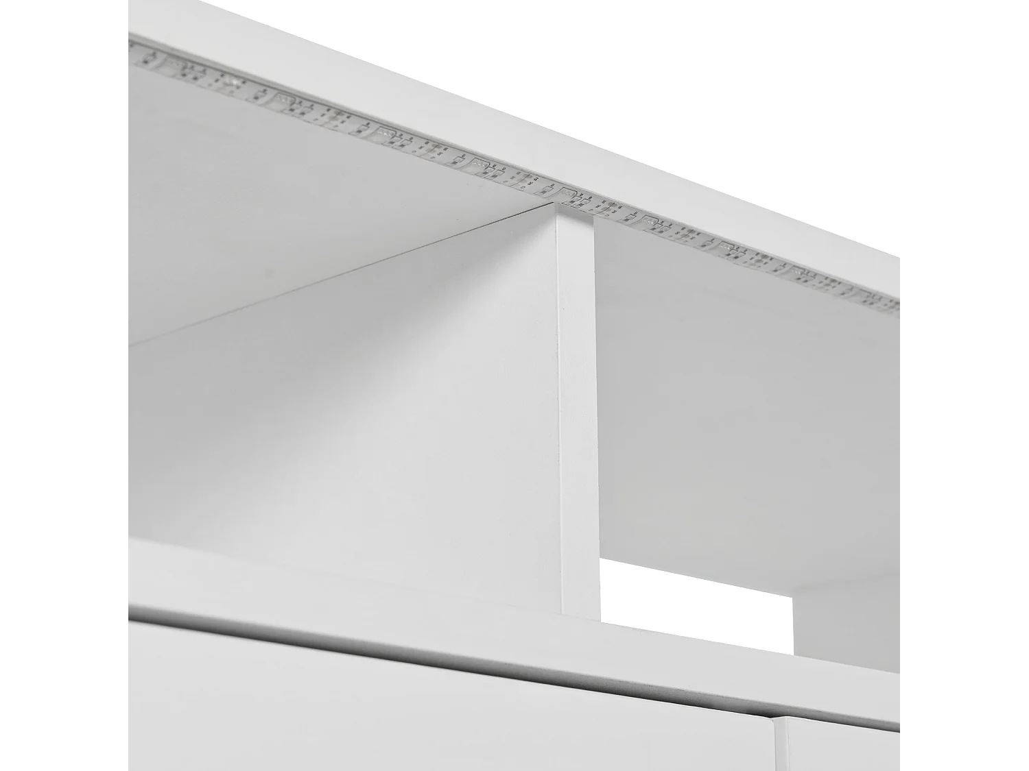 Buffet blanc laqué avec LED, 4 tiroirs et 2 portes - Bois en PB et verre