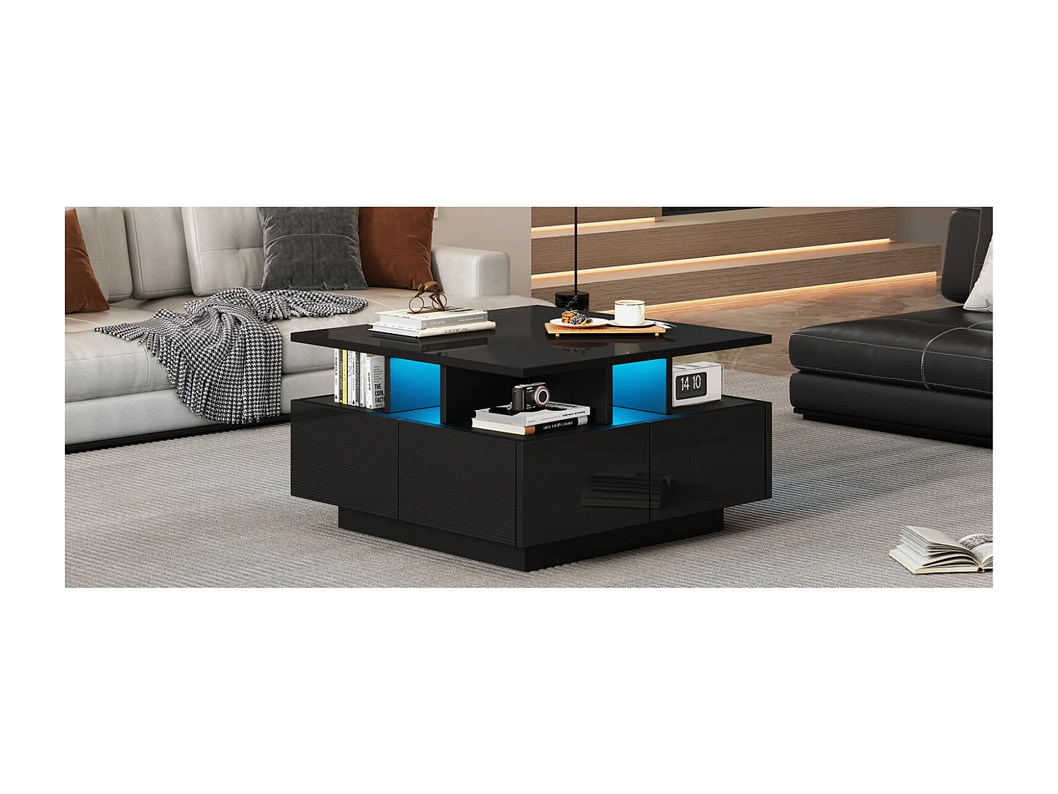 Tavolino quadrato con 4 cassetti e illuminazione a LED - Finitura nero lucido