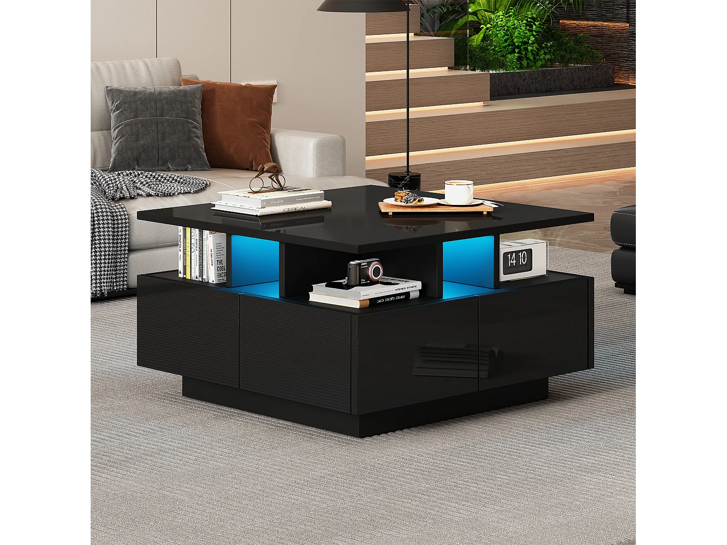 Tavolino quadrato con 4 cassetti e illuminazione a LED - Finitura nero lucido