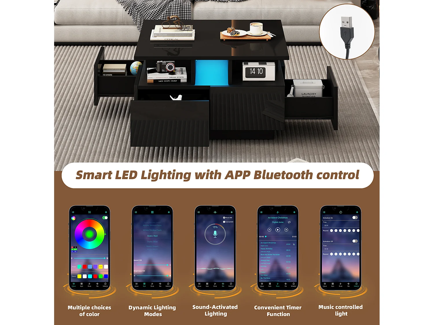 Tavolino quadrato con 4 cassetti e illuminazione a LED - Finitura nero lucido