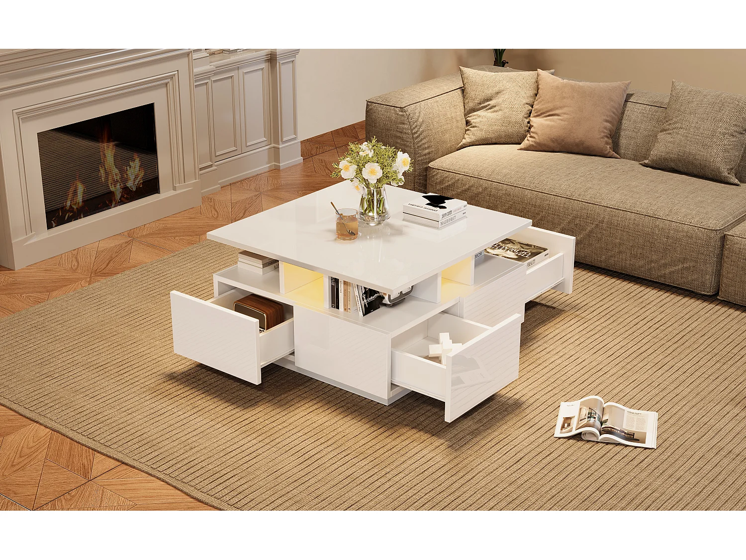 Vierkante salontafel met 4 lades en ledverlichting - Glanzend witte afwerking