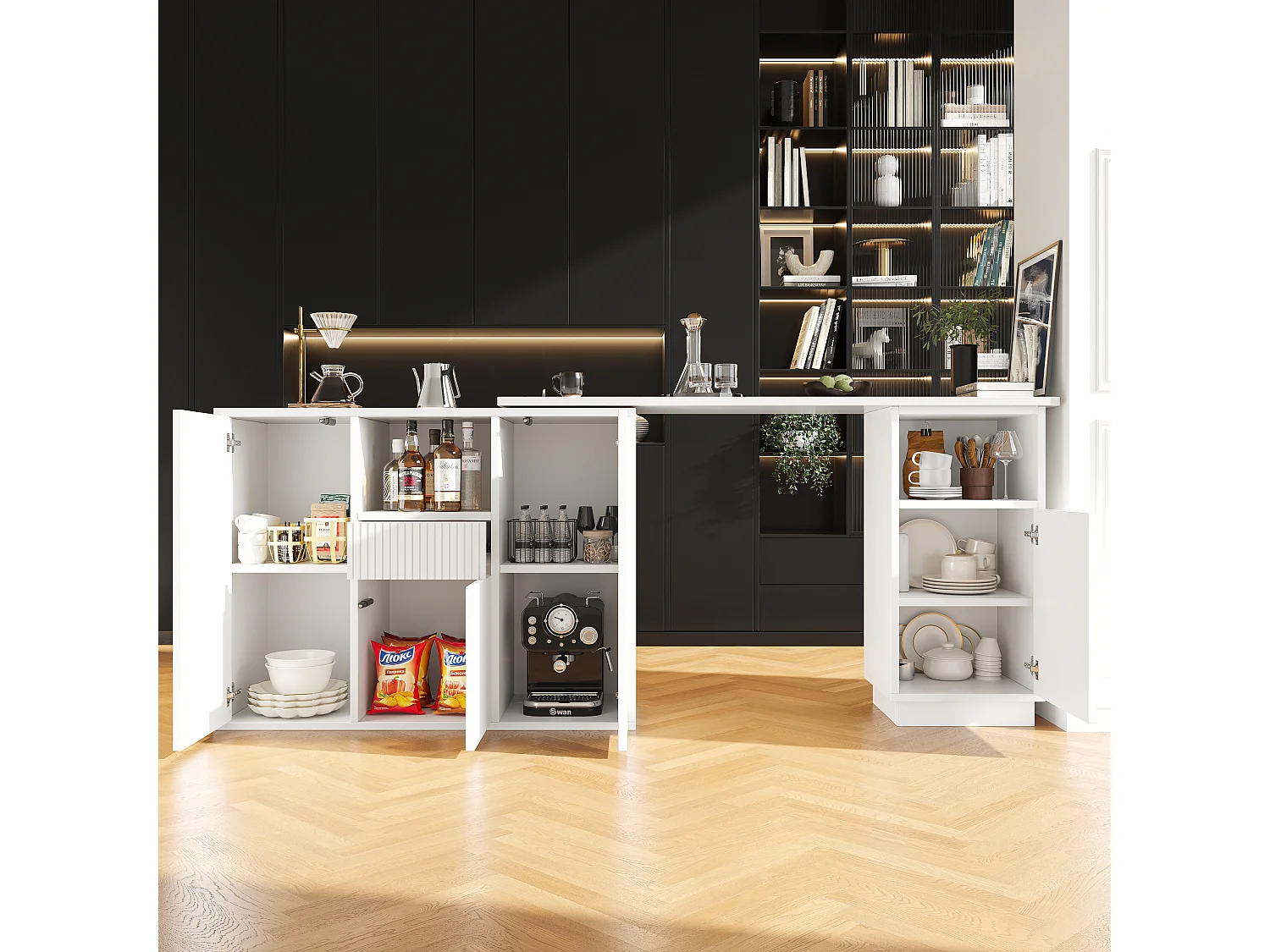 Meuble de bar pivotante avec 4 portes et tiroir - Plateau effet marbre - Blanc