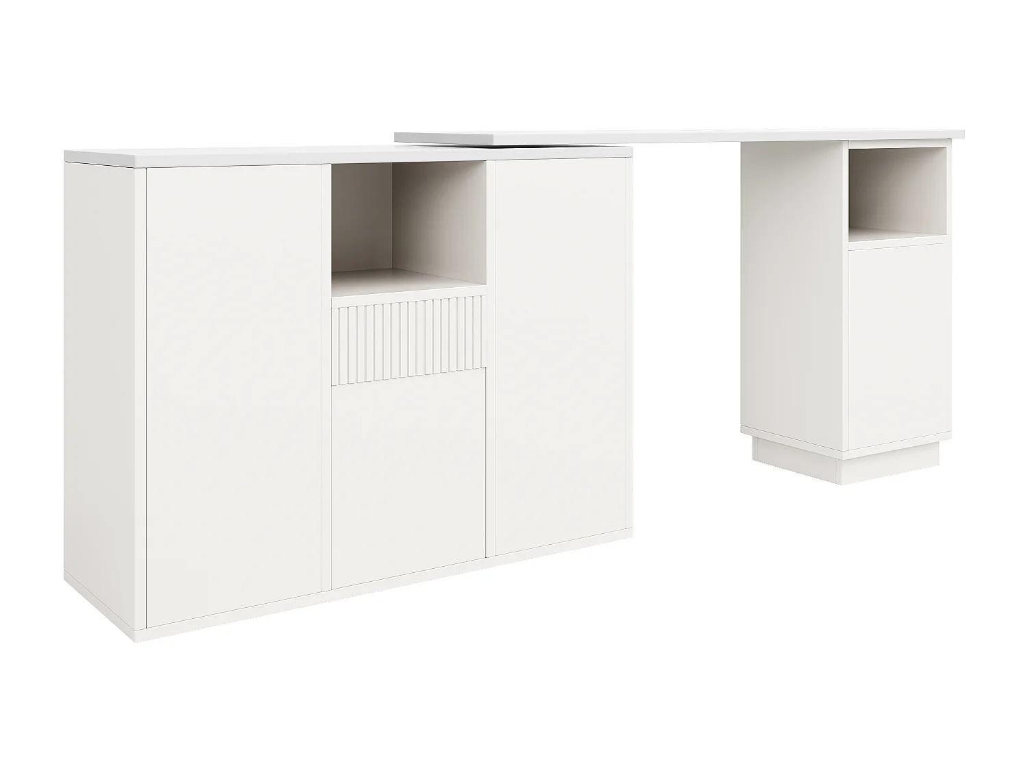 Meuble de bar pivotante avec 4 portes et tiroir - Plateau effet marbre - Blanc