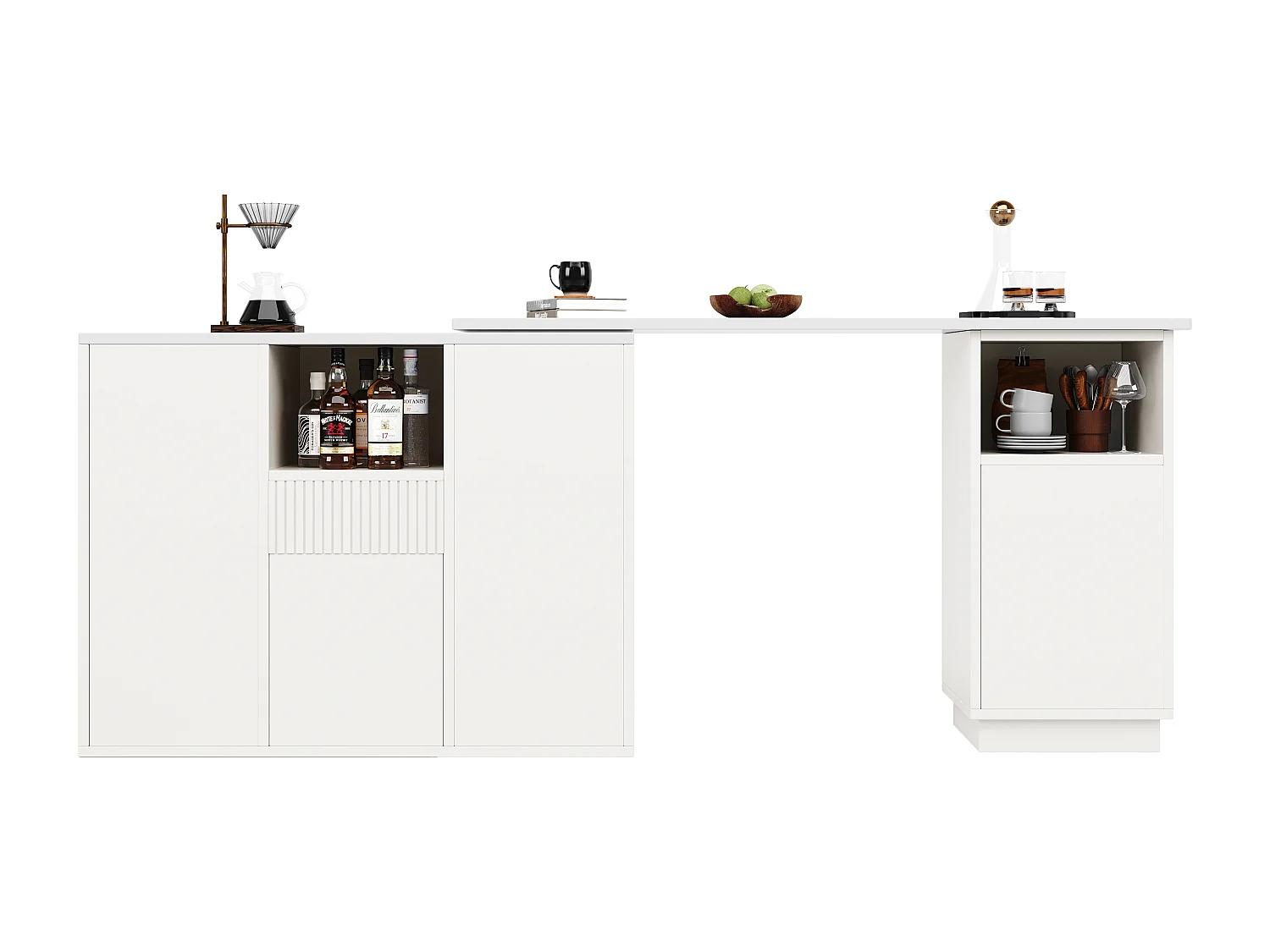 Meuble de bar pivotante avec 4 portes et tiroir - Plateau effet marbre - Blanc