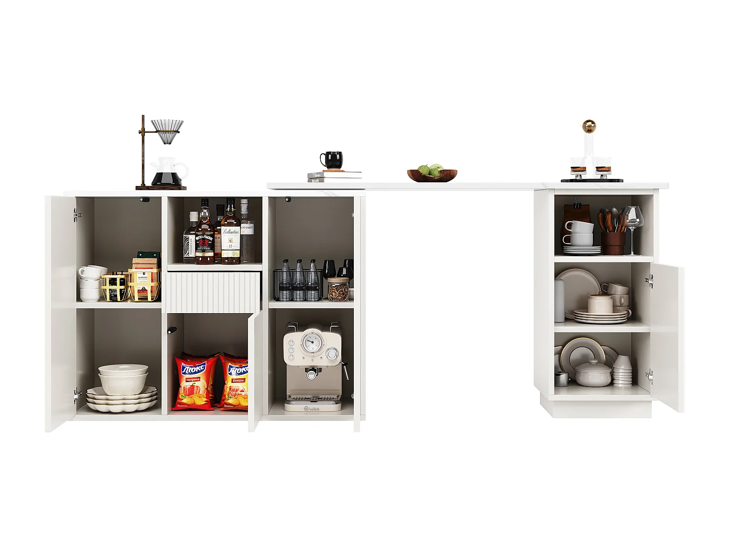 Meuble de bar pivotante avec 4 portes et tiroir - Plateau effet marbre - Blanc