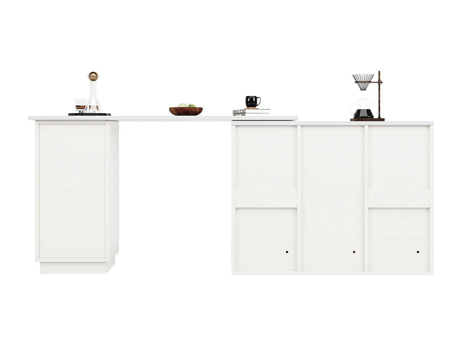 Meuble de bar pivotante avec 4 portes et tiroir - Plateau effet marbre - Blanc