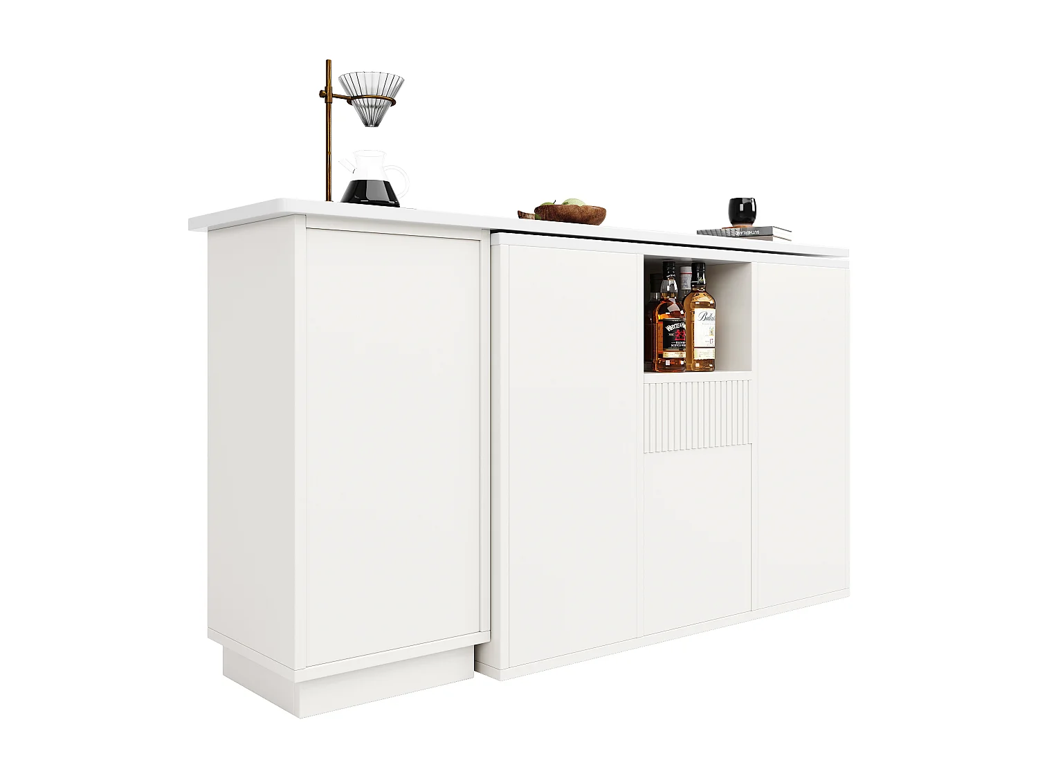 Meuble de bar pivotante avec 4 portes et tiroir - Plateau effet marbre - Blanc