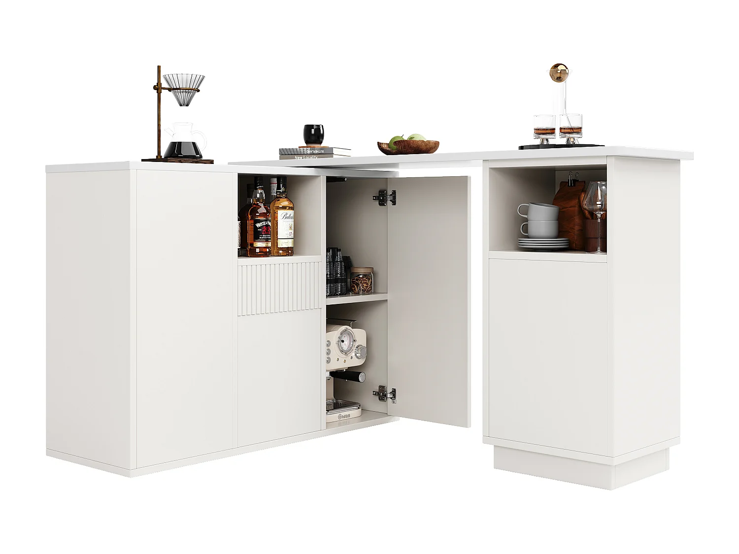 Meuble de bar pivotante avec 4 portes et tiroir - Plateau effet marbre - Blanc