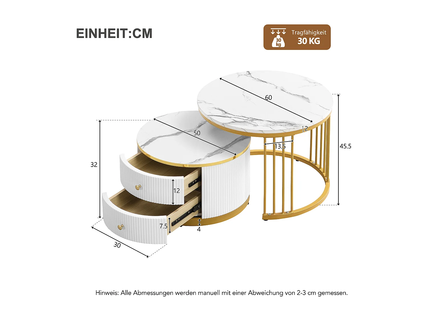 Tavolino da caffè impilabile con 2 cassetti - Piano rotondo effetto marmo - Bianco e oro