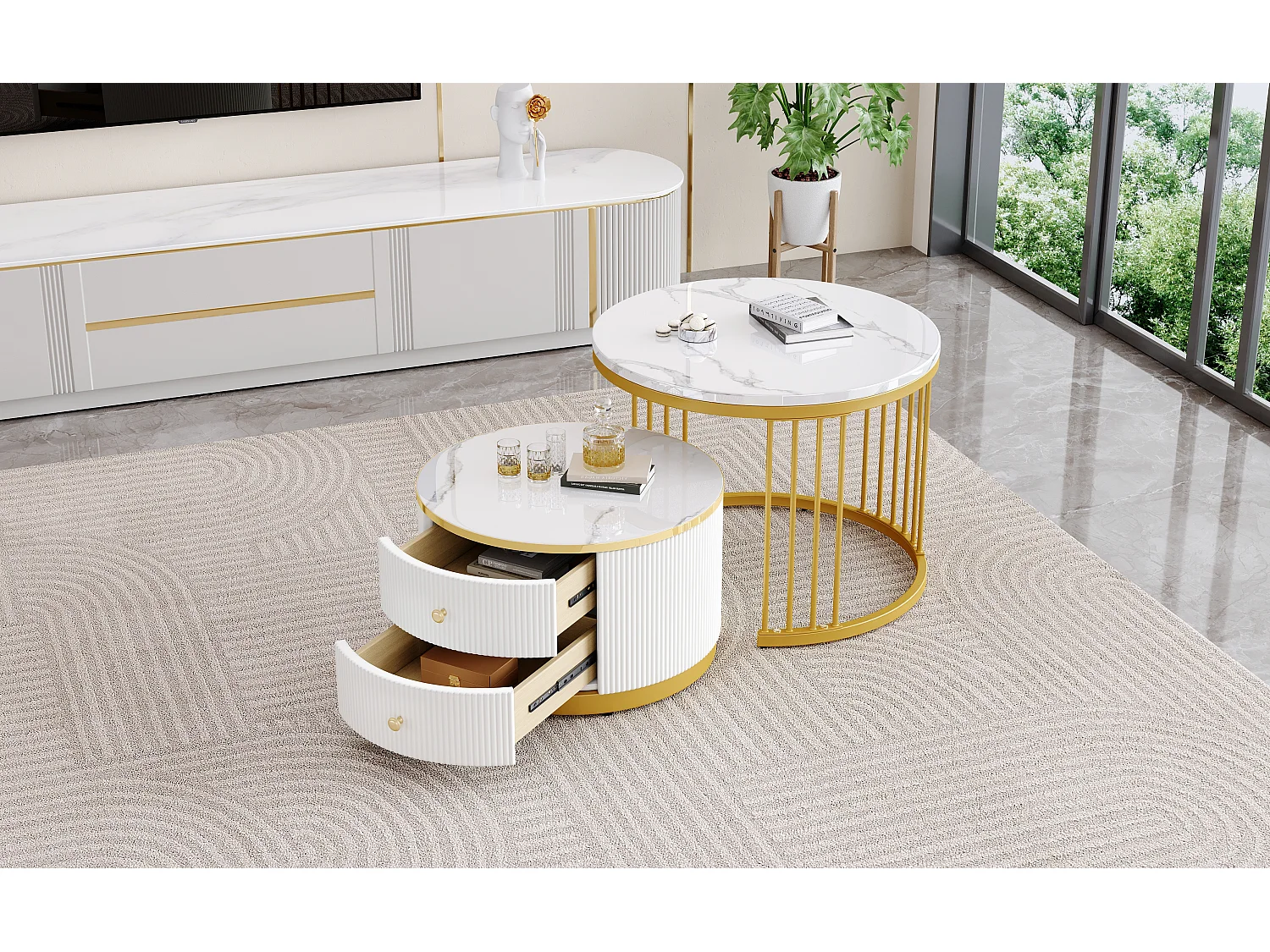 Table basse gigogne avec 2 tiroirs - Plateau rond effet marbre - Blanc et doré