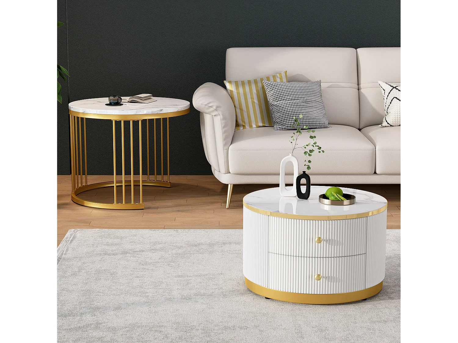 Table basse gigogne avec 2 tiroirs - Plateau rond effet marbre - Blanc et doré