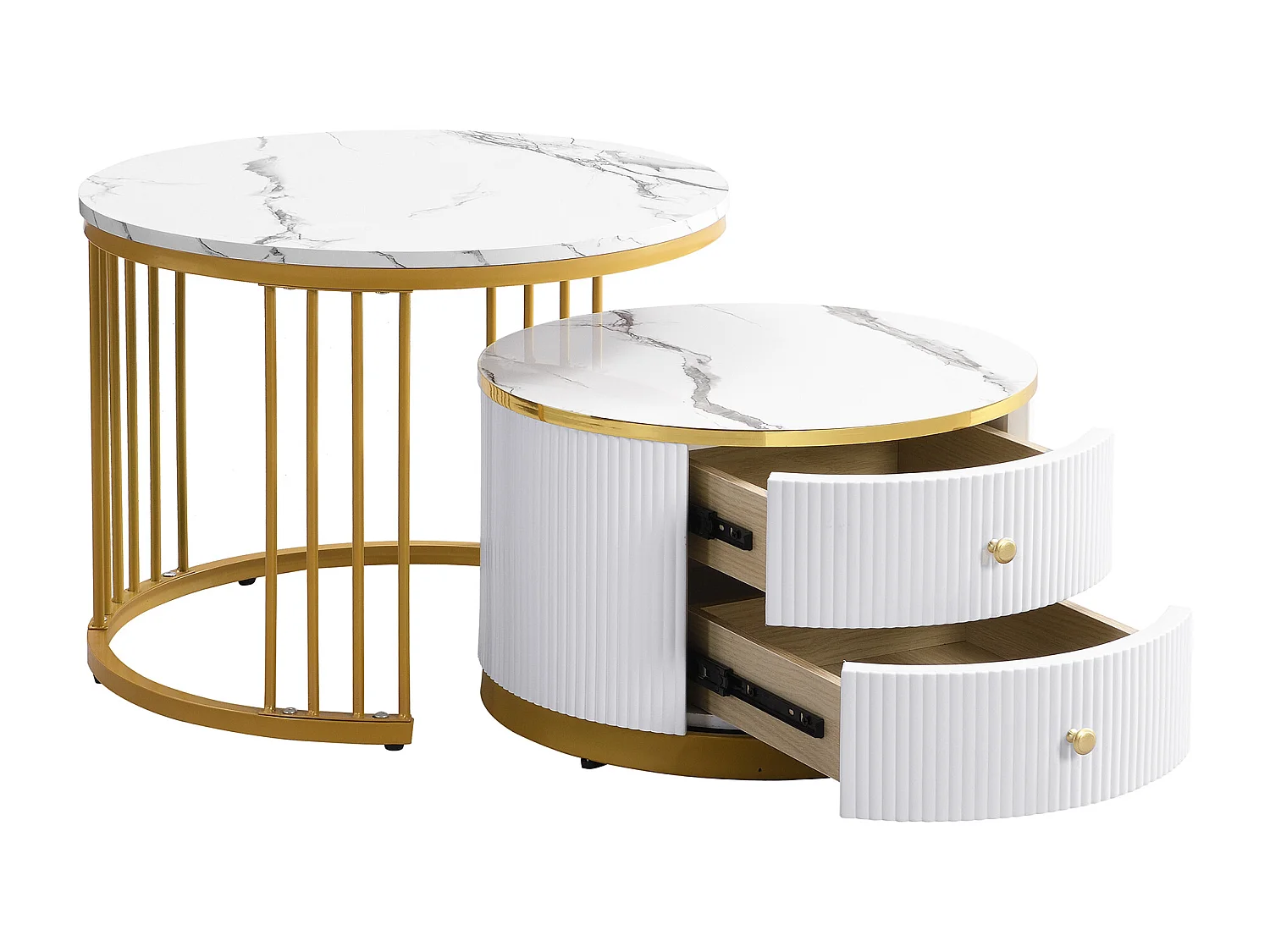 Table basse gigogne avec 2 tiroirs - Plateau rond effet marbre - Blanc et doré