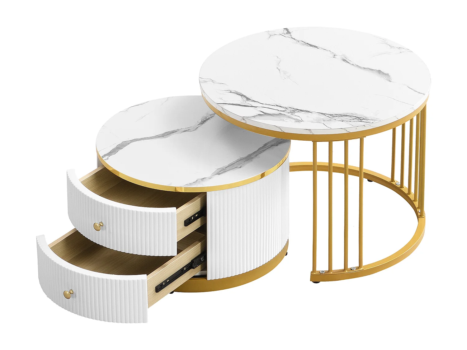 Table basse gigogne avec 2 tiroirs - Plateau rond effet marbre - Blanc et doré