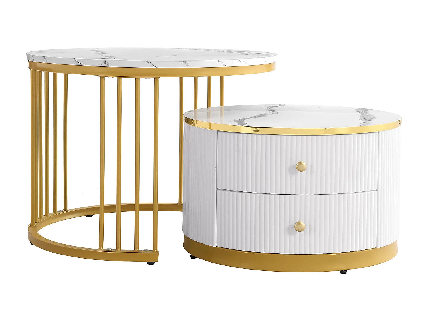 Table basse gigogne avec 2 tiroirs - Plateau rond effet marbre - Blanc et doré