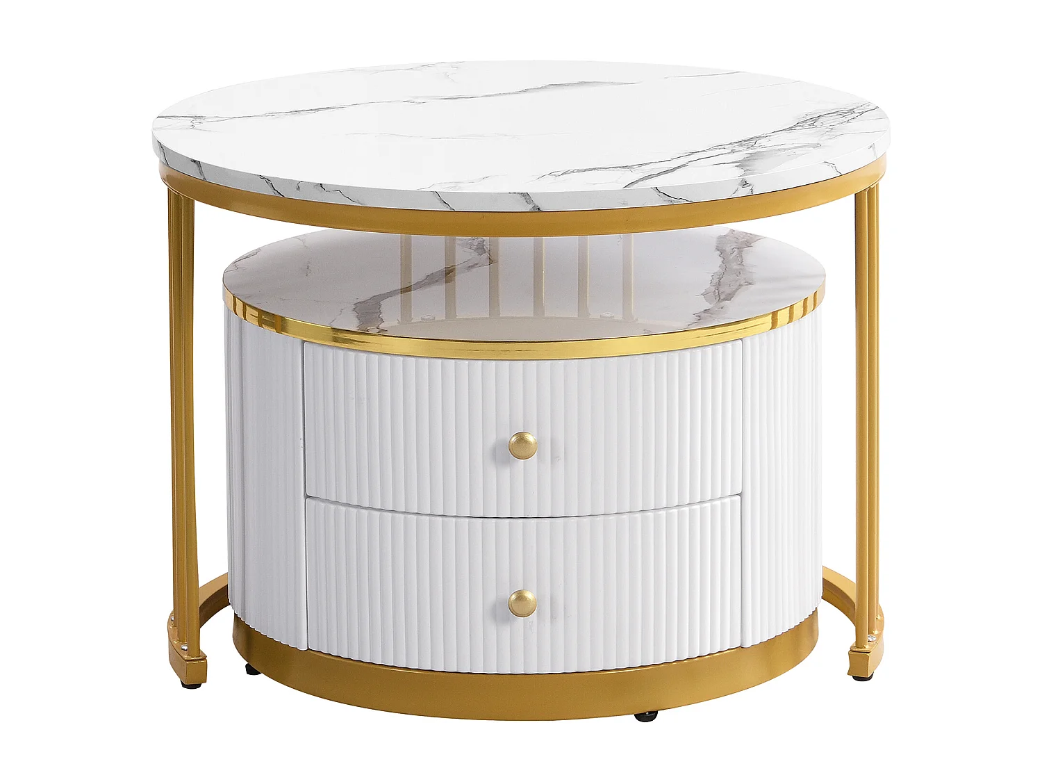 Table basse gigogne avec 2 tiroirs - Plateau rond effet marbre - Blanc et doré