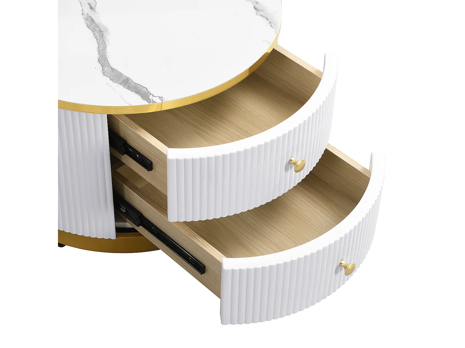 Table basse gigogne avec 2 tiroirs - Plateau rond effet marbre - Blanc et doré