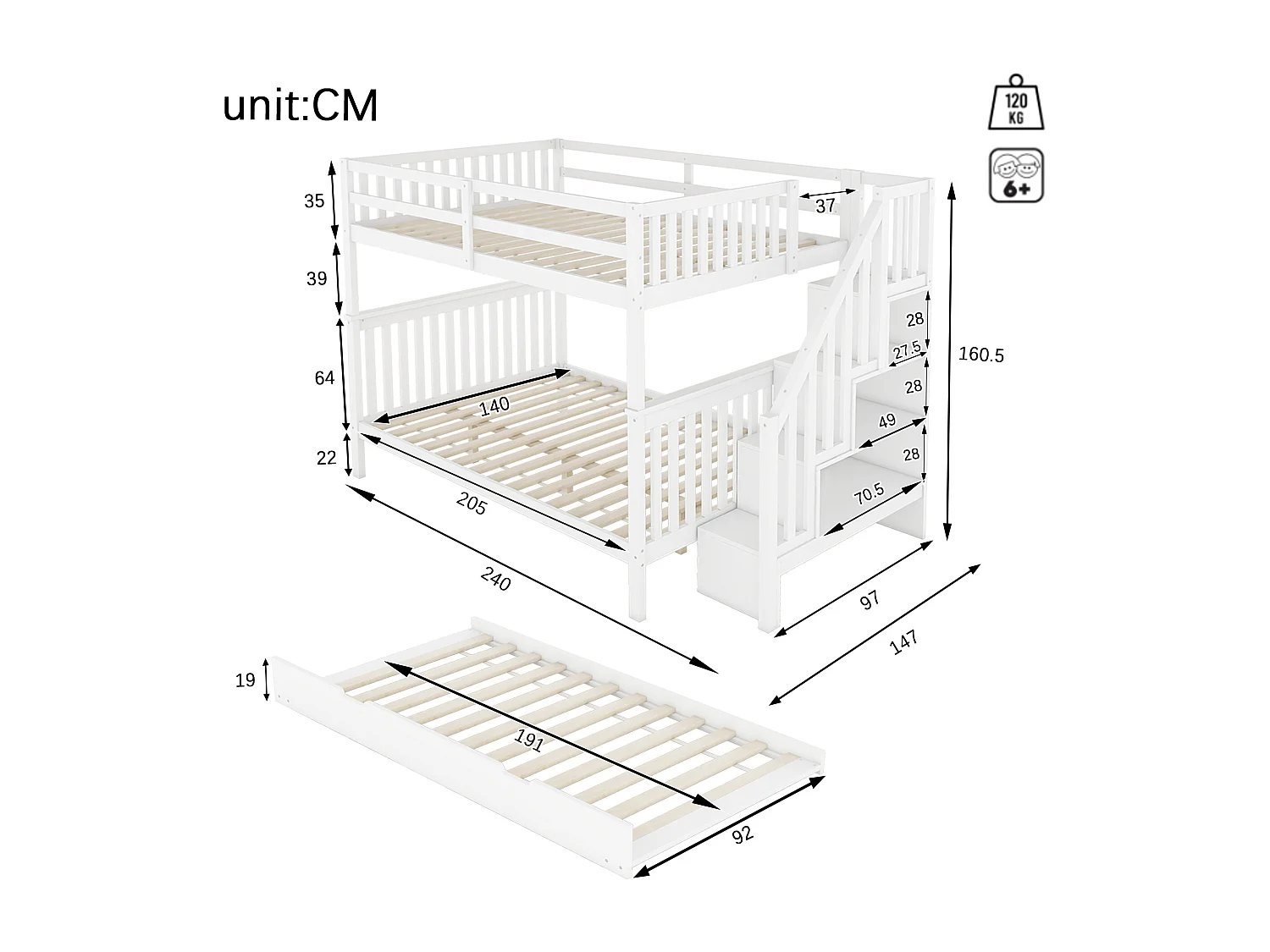 Stapelbed 140 x 200 cm met uitschuifbed 90 x 190 cm en opbergladder - Grenen en MDF - Wit