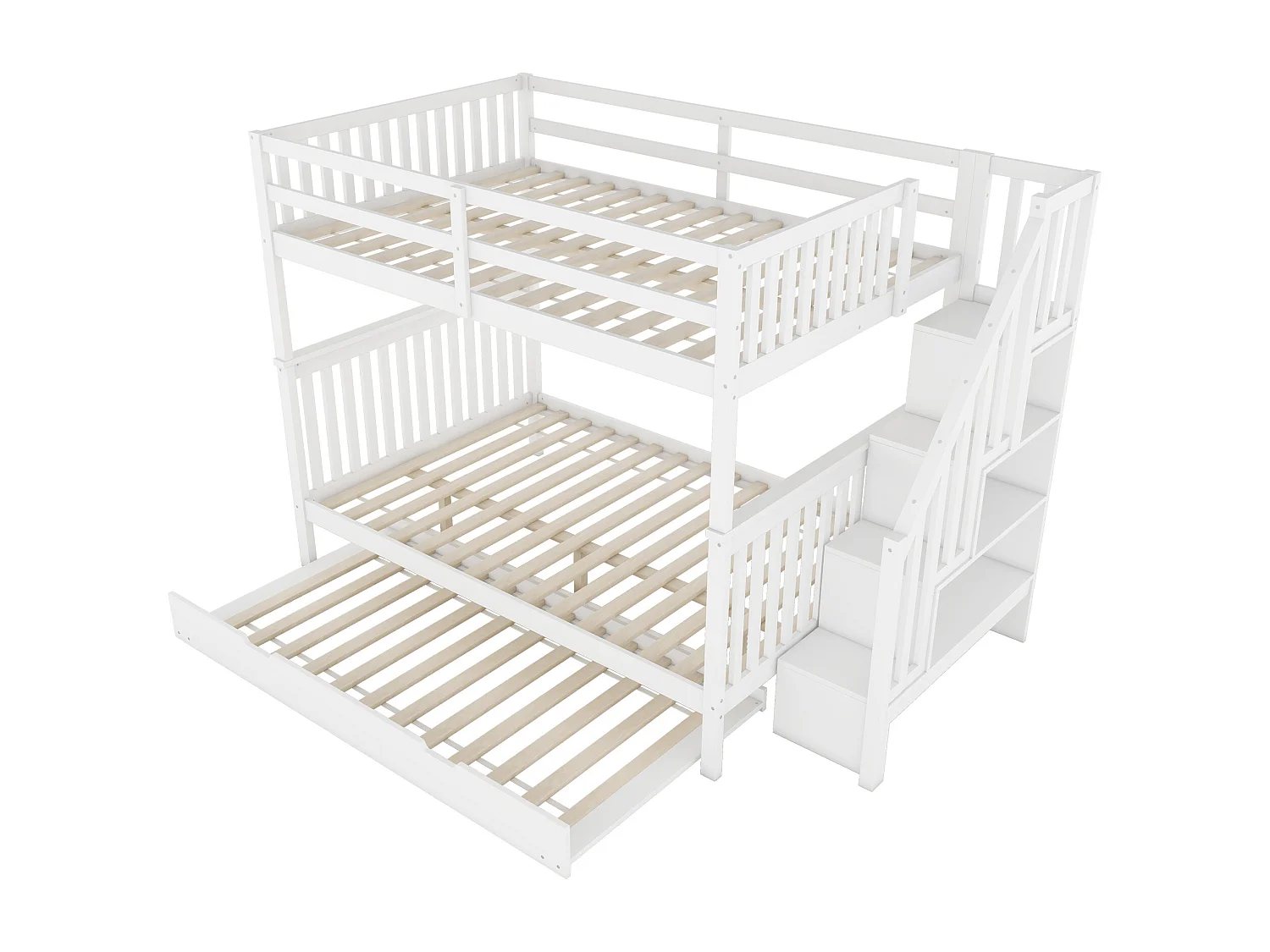 Stapelbed 140 x 200 cm met uitschuifbed 90 x 190 cm en opbergladder - Grenen en MDF - Wit