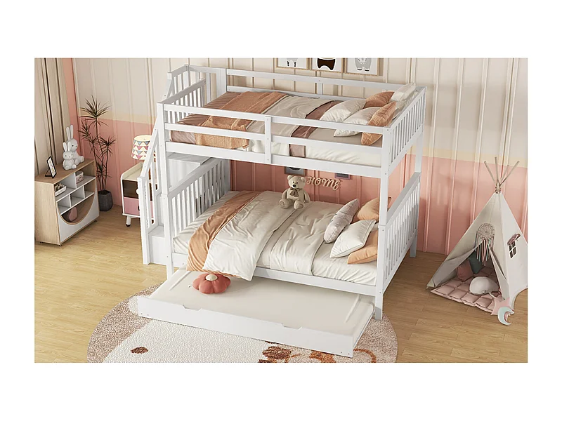 Stapelbed 140 x 200 cm met uitschuifbed 90 x 190 cm en opbergladder - Grenen en MDF - Wit