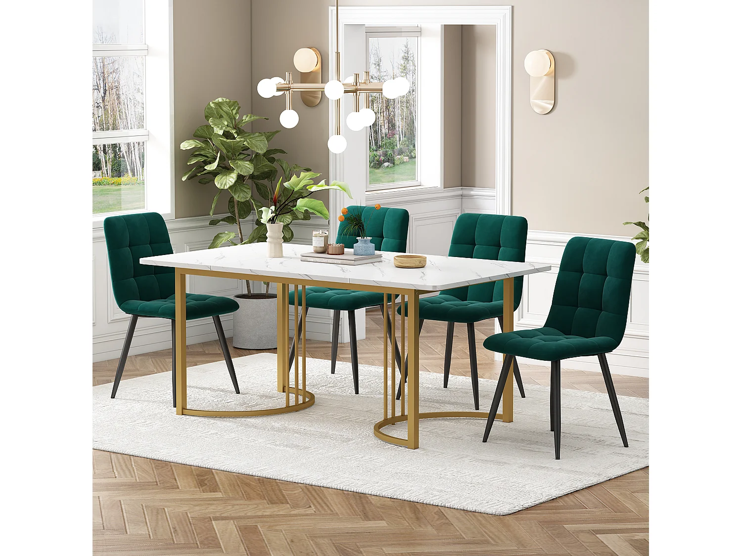 Set tavolo e 4 sedie - Piano tavolo bianco e gambe in metallo dorato - Sedie in velluto verde scuro