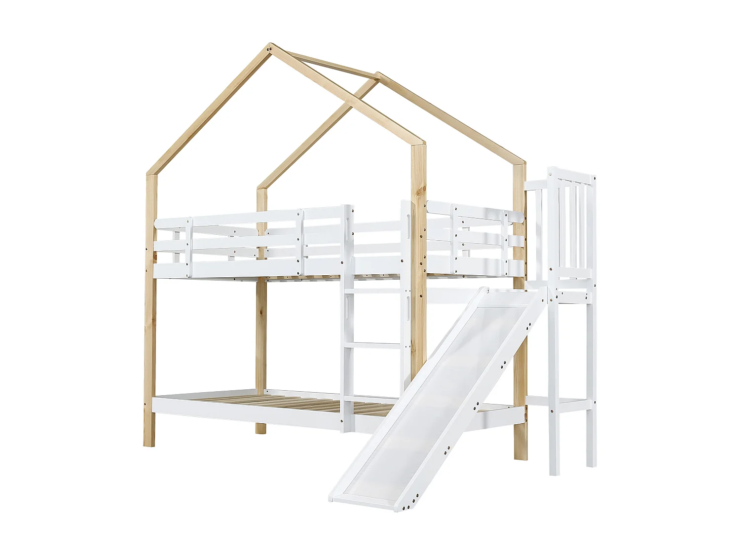 Letto a castello 90x200 cm con scivolo - Letto a soppalco in legno di pino e MDF - Bianco e naturale chiaro