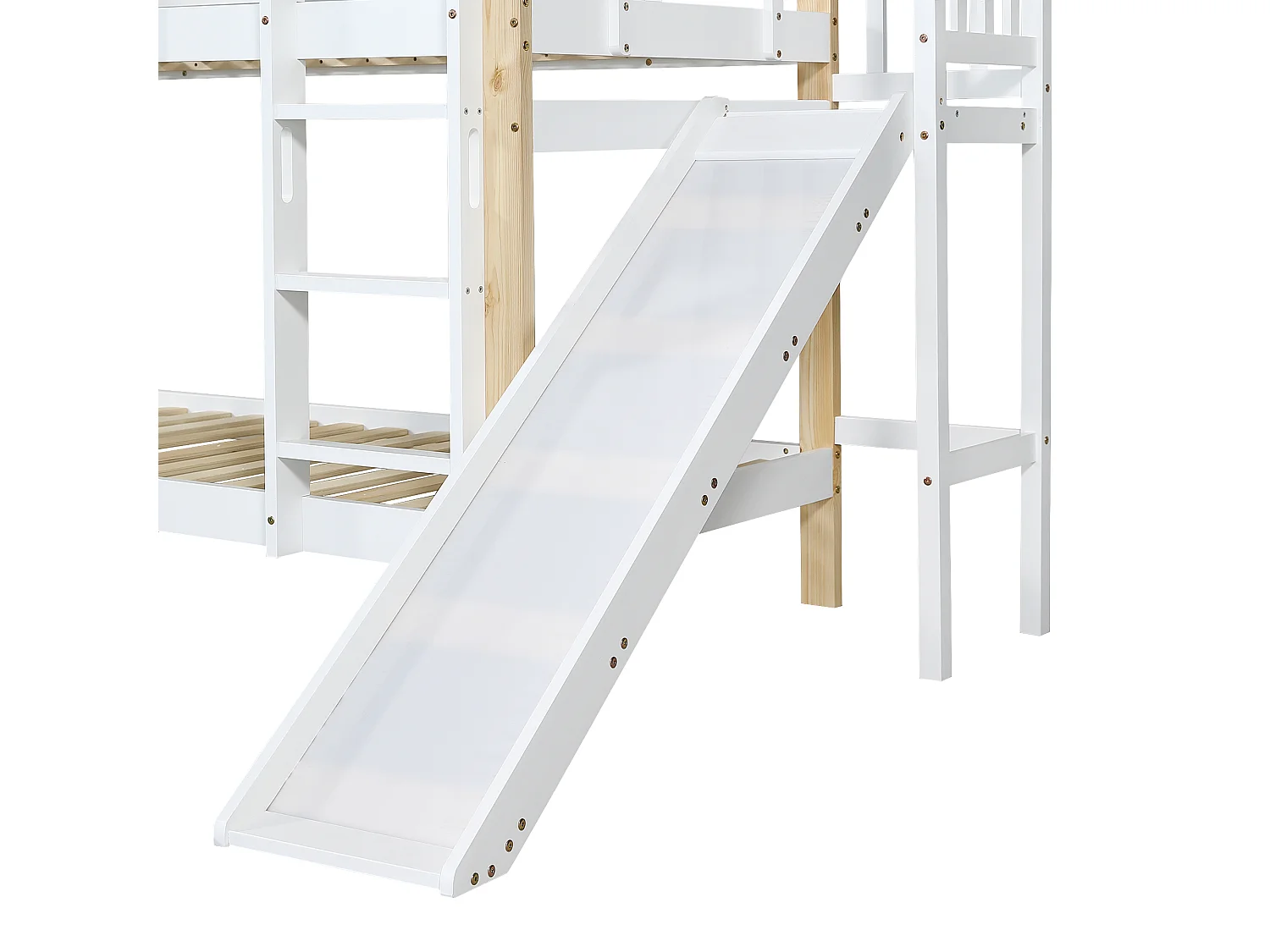 Letto a castello 90x200 cm con scivolo - Letto a soppalco in legno di pino e MDF - Bianco e naturale chiaro