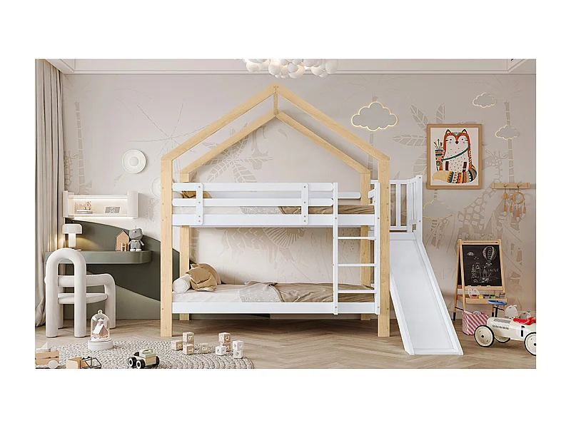 Letto a castello 90x200 cm con scivolo - Letto a soppalco in legno di pino e MDF - Bianco e naturale chiaro