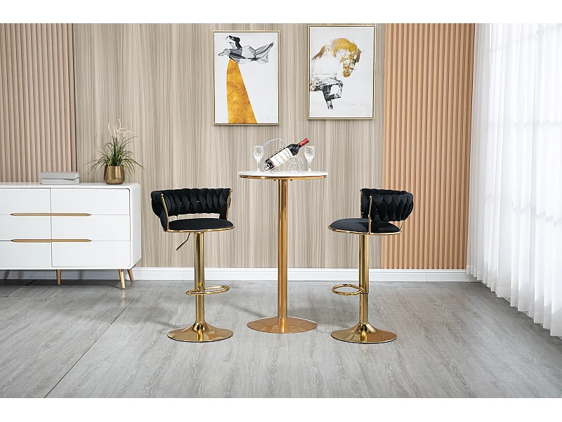 Lot de 2 tabourets de bar pivotants en velours - Hauteur réglable - Noir et doré