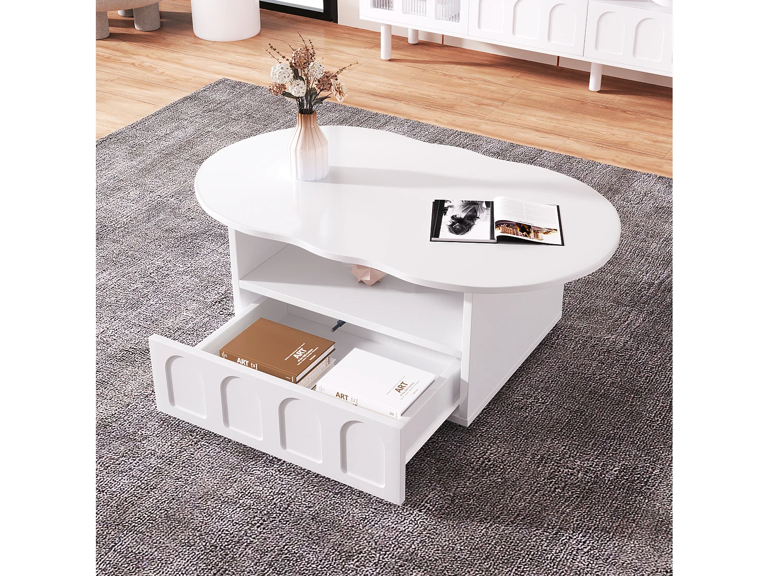 Wolkvormige salontafel met lade - PB hout - Wit